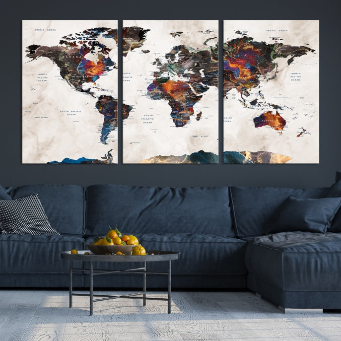 Watercolor Push Pin World Map Antarctica Canvas Wall Art Print