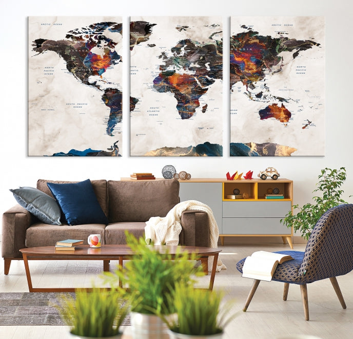 Watercolor Push Pin World Map Antarctica Canvas Wall Art Print