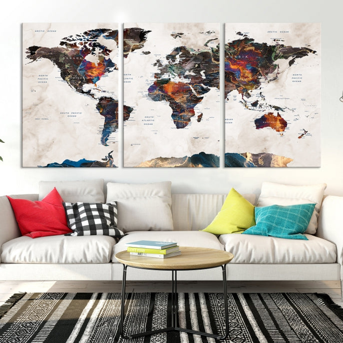 Watercolor Push Pin World Map Antarctica Canvas Wall Art Print