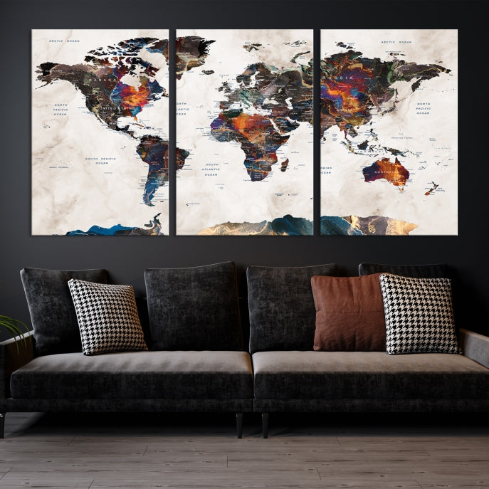 Watercolor Push Pin World Map Antarctica Canvas Wall Art Print