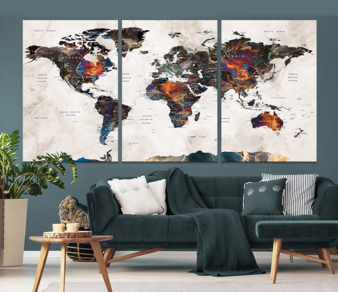 Watercolor Push Pin World Map Antarctica Canvas Wall Art Print