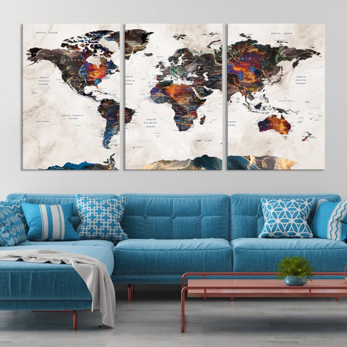 Watercolor Push Pin World Map Antarctica Canvas Wall Art Print