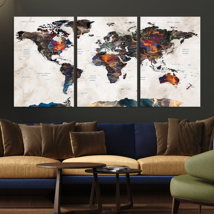 Watercolor Push Pin World Map Antarctica Canvas Wall Art Print