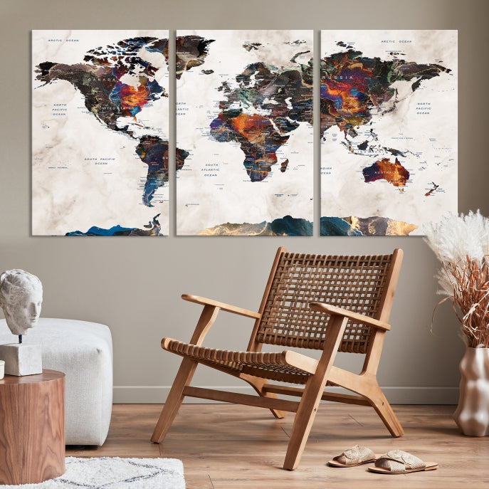 Watercolor Push Pin World Map Antarctica Canvas Wall Art Print