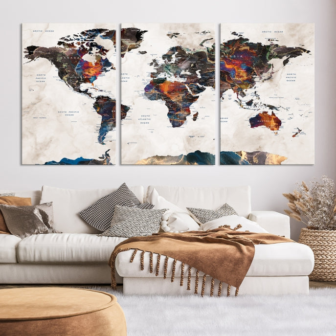 Watercolor Push Pin World Map Antarctica Canvas Wall Art Print