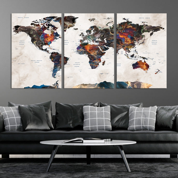 Watercolor Push Pin World Map Antarctica Canvas Wall Art Print