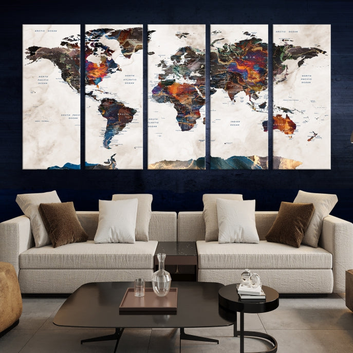 Watercolor Push Pin World Map Antarctica Canvas Wall Art Print