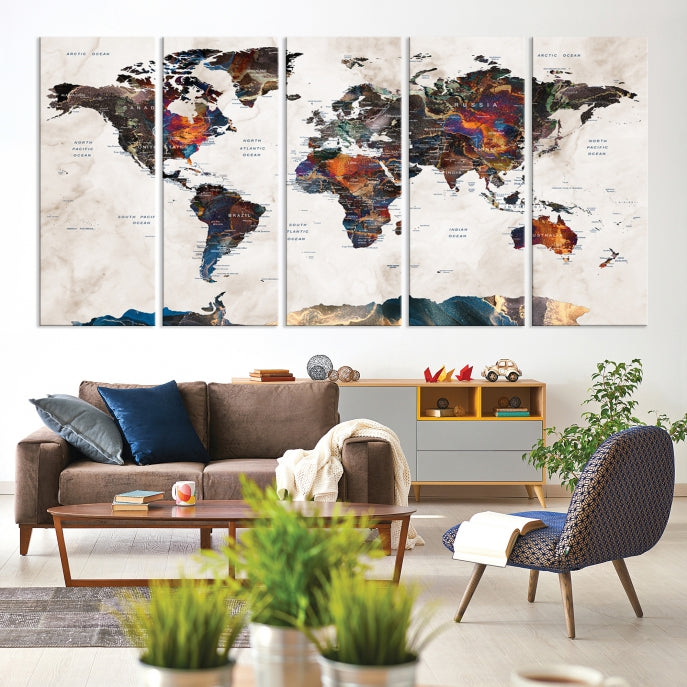 Watercolor Push Pin World Map Antarctica Canvas Wall Art Print