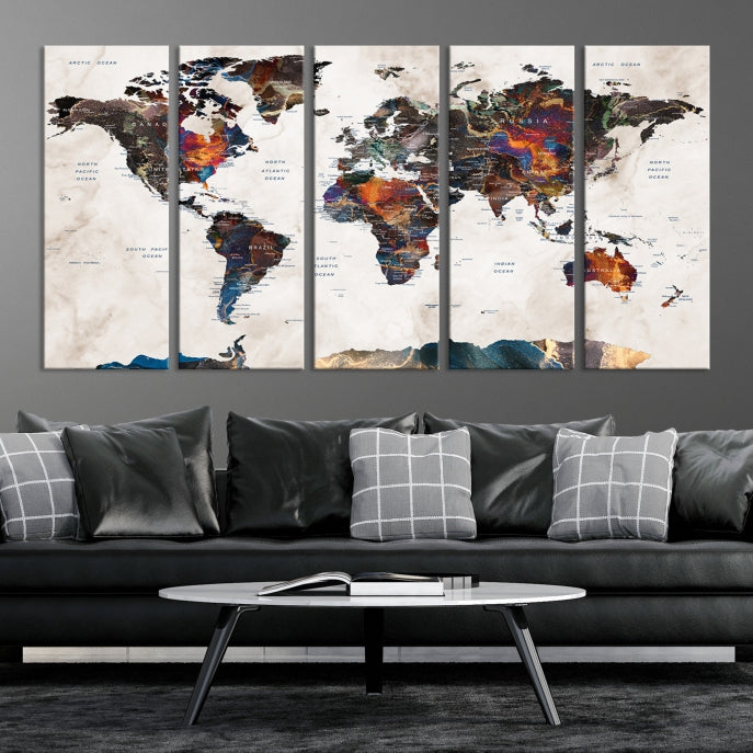 Watercolor Push Pin World Map Antarctica Canvas Wall Art Print