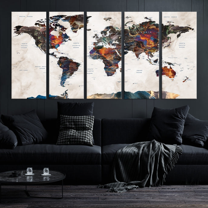 Watercolor Push Pin World Map Antarctica Canvas Wall Art Print