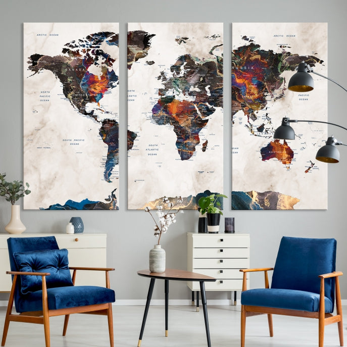 Watercolor Push Pin World Map Antarctica Canvas Wall Art Print