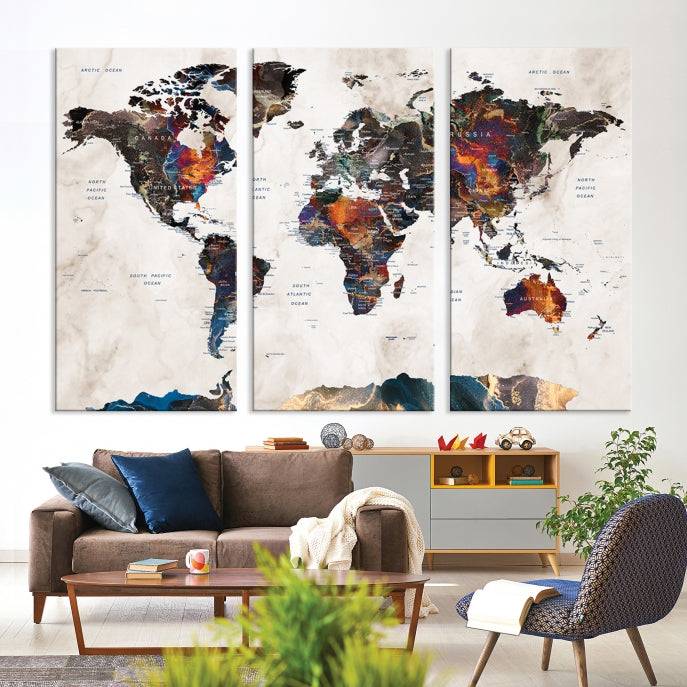 Watercolor Push Pin World Map Antarctica Canvas Wall Art Print