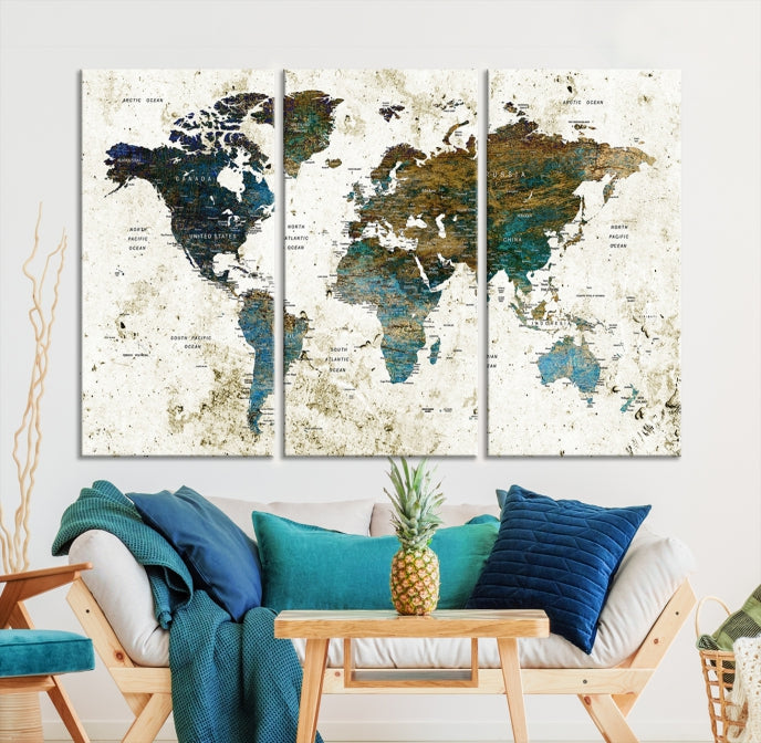 Watercolor World Map Painting PUSH Pin Travel Map Canvas Art Print