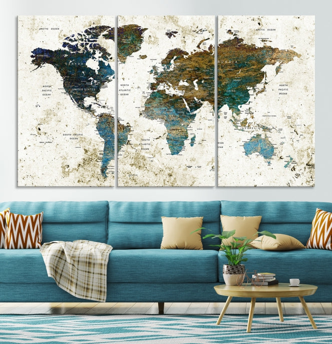 Watercolor World Map Painting PUSH Pin Travel Map Canvas Art Print