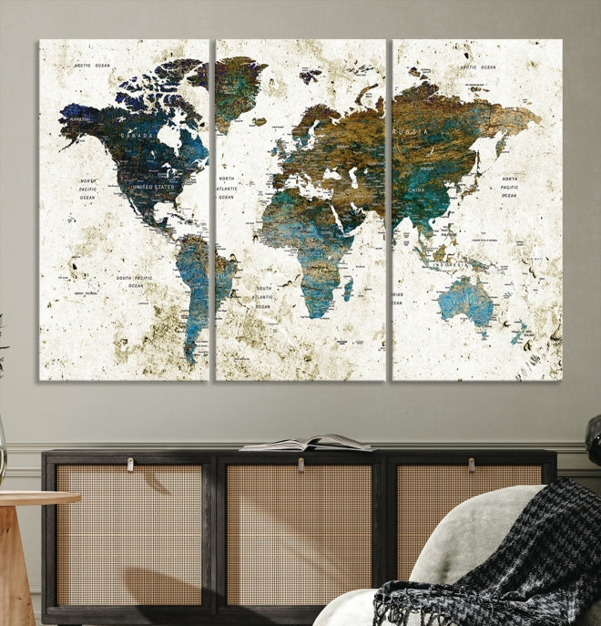 Watercolor World Map Painting PUSH Pin Travel Map Canvas Art Print