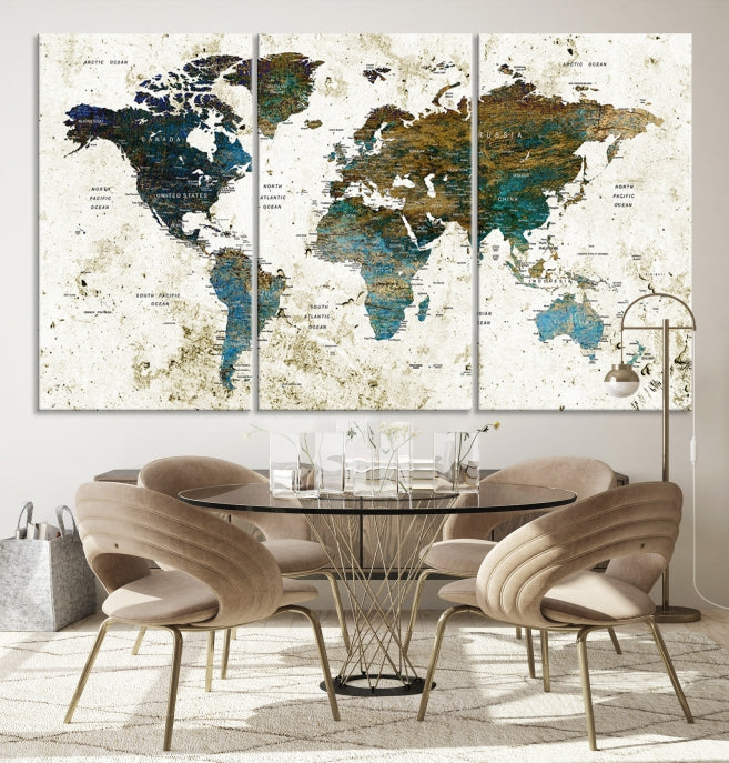 Watercolor World Map Painting PUSH Pin Travel Map Canvas Art Print