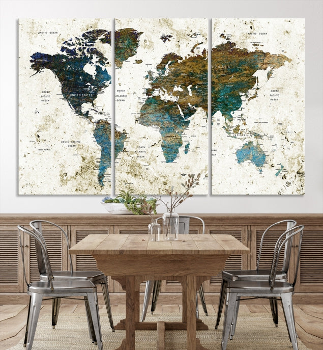 Watercolor World Map Painting PUSH Pin Travel Map Canvas Art Print