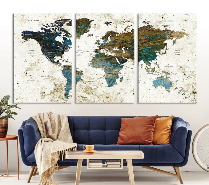 Watercolor World Map Painting PUSH Pin Travel Map Canvas Art Print