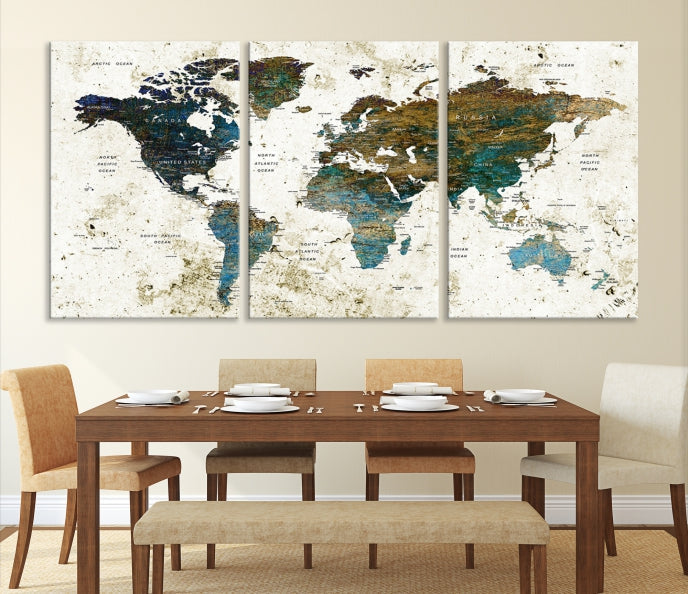 Watercolor World Map Painting PUSH Pin Travel Map Canvas Art Print