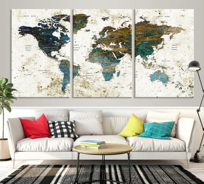 Watercolor World Map Painting PUSH Pin Travel Map Canvas Art Print