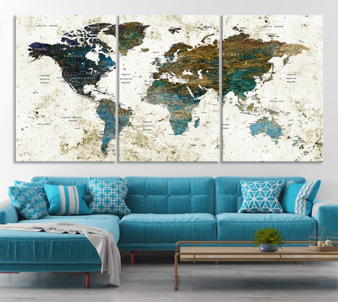 Watercolor World Map Painting PUSH Pin Travel Map Canvas Art Print