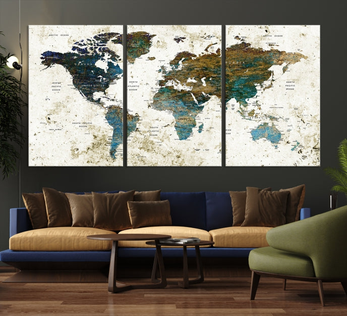 Watercolor World Map Painting PUSH Pin Travel Map Canvas Art Print