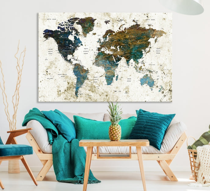 Watercolor World Map Painting PUSH Pin Travel Map Canvas Art Print