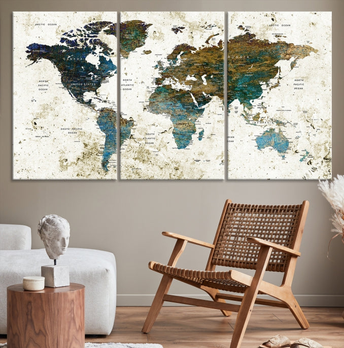 Watercolor World Map Painting PUSH Pin Travel Map Canvas Art Print