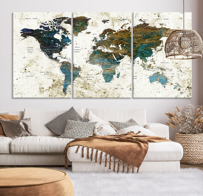 Watercolor World Map Painting PUSH Pin Travel Map Canvas Art Print