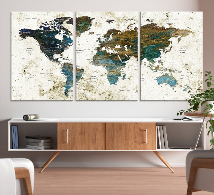 Watercolor World Map Painting PUSH Pin Travel Map Canvas Art Print