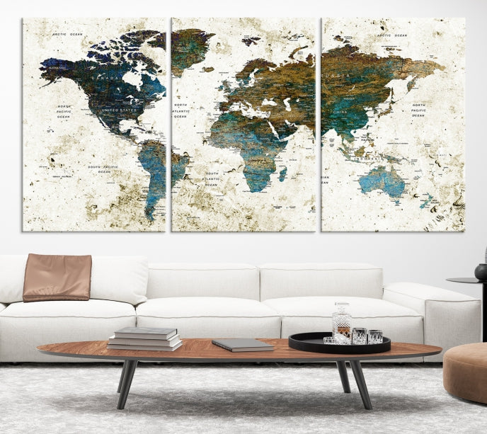 Watercolor World Map Painting PUSH Pin Travel Map Canvas Art Print