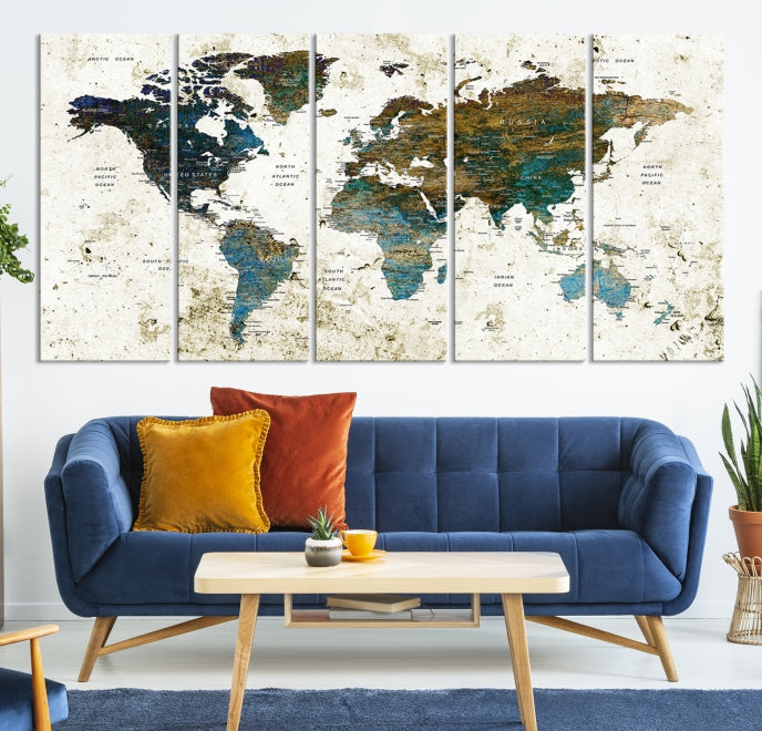 Watercolor World Map Painting PUSH Pin Travel Map Canvas Art Print