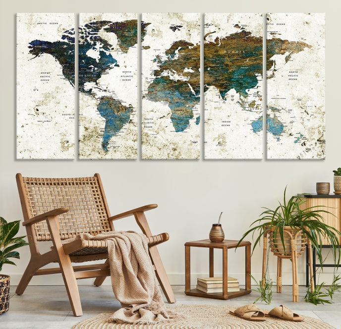 Watercolor World Map Painting PUSH Pin Travel Map Canvas Art Print