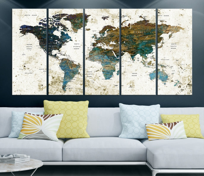 Watercolor World Map Painting PUSH Pin Travel Map Canvas Art Print