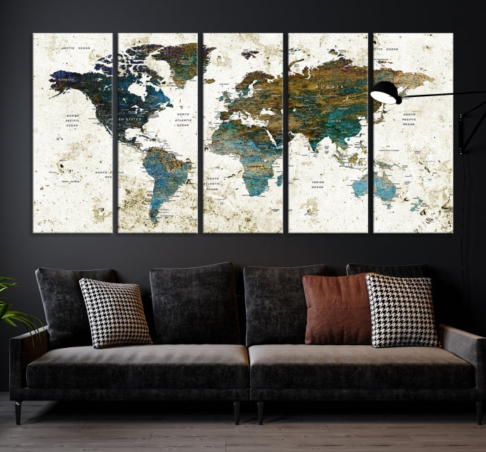 Watercolor World Map Painting PUSH Pin Travel Map Canvas Art Print