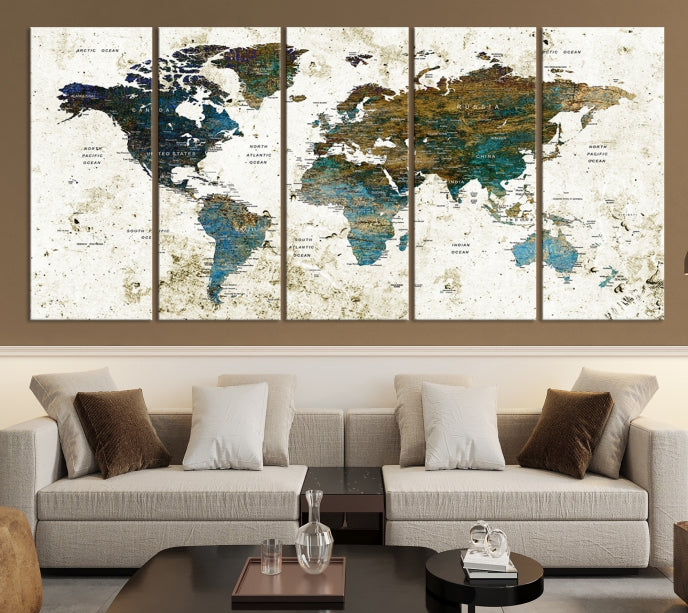 Watercolor World Map Painting PUSH Pin Travel Map Canvas Art Print