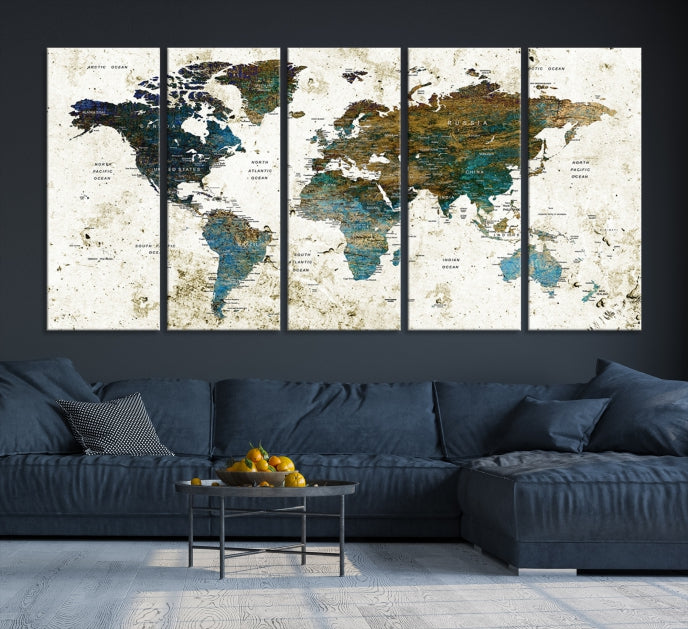 Watercolor World Map Painting PUSH Pin Travel Map Canvas Art Print