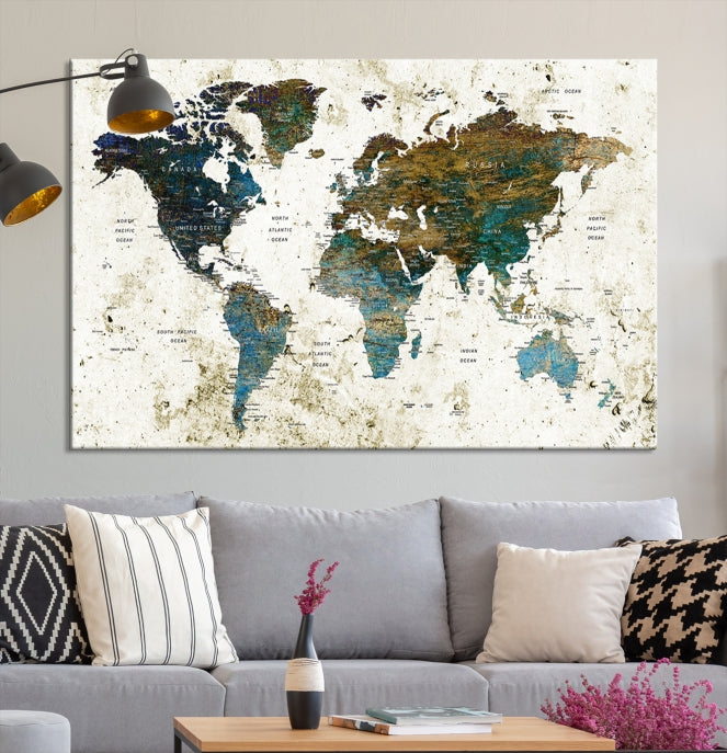 Watercolor World Map Painting PUSH Pin Travel Map Canvas Art Print