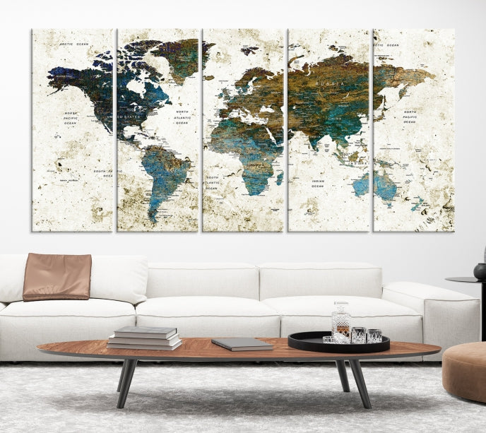 Watercolor World Map Painting PUSH Pin Travel Map Canvas Art Print