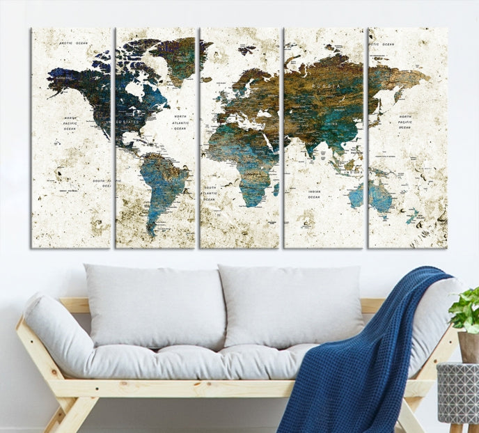 Watercolor World Map Painting PUSH Pin Travel Map Canvas Art Print