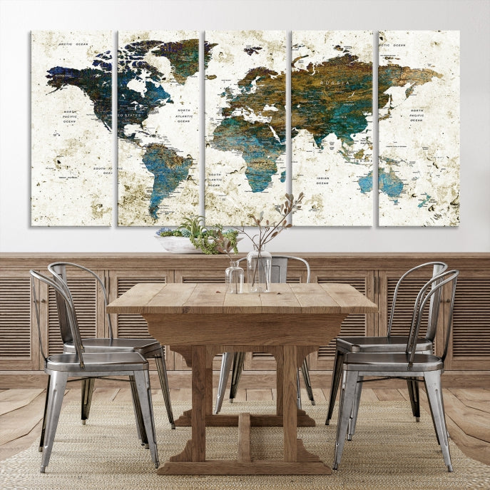 Watercolor World Map Painting PUSH Pin Travel Map Canvas Art Print