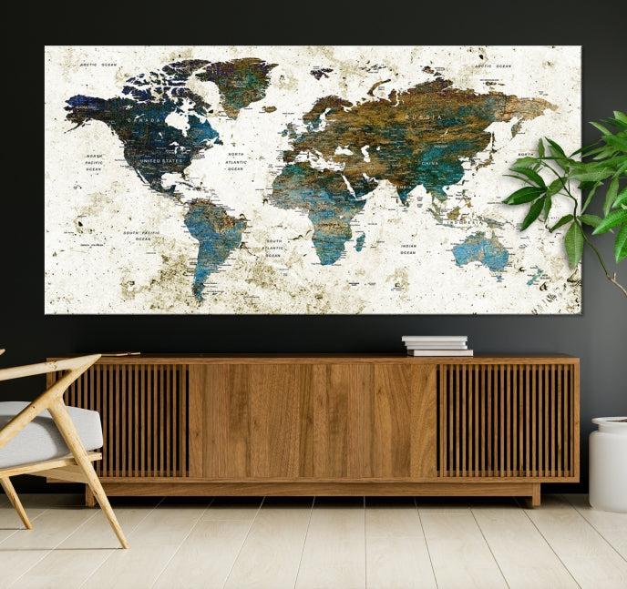 Watercolor World Map Painting PUSH Pin Travel Map Canvas Art Print