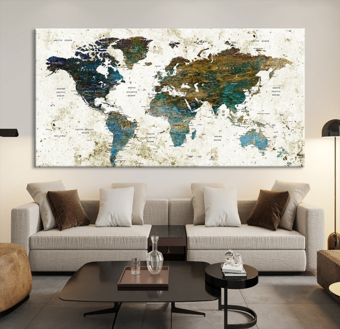 Watercolor World Map Painting PUSH Pin Travel Map Canvas Art Print