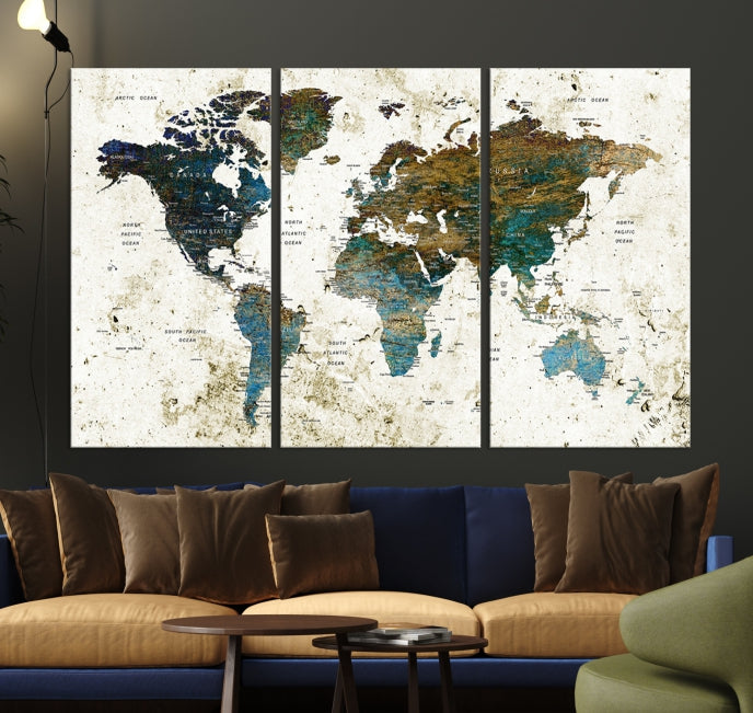 Watercolor World Map Painting PUSH Pin Travel Map Canvas Art Print