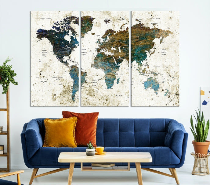 Watercolor World Map Painting PUSH Pin Travel Map Canvas Art Print