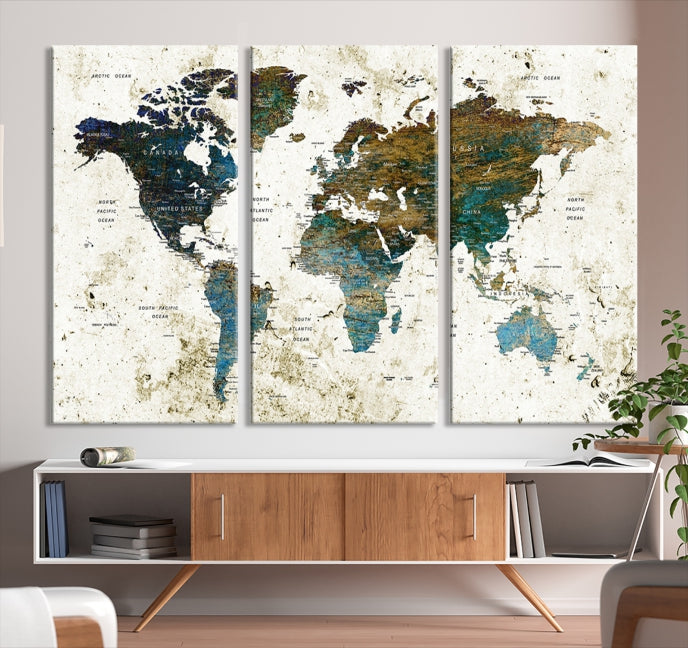 Watercolor World Map Painting PUSH Pin Travel Map Canvas Art Print