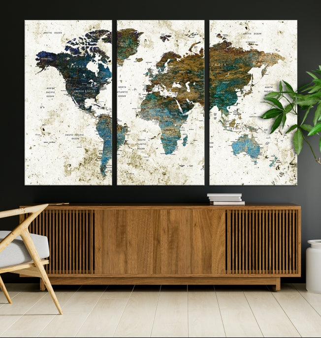 Watercolor World Map Painting PUSH Pin Travel Map Canvas Art Print