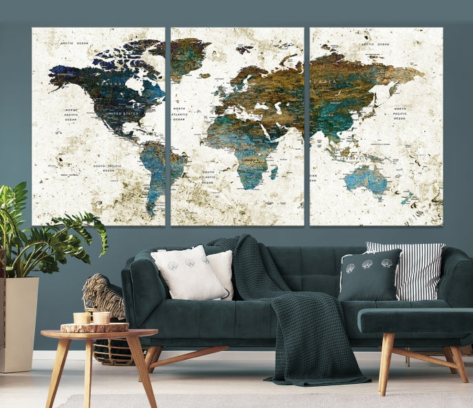 Watercolor World Map Painting PUSH Pin Travel Map Canvas Art Print