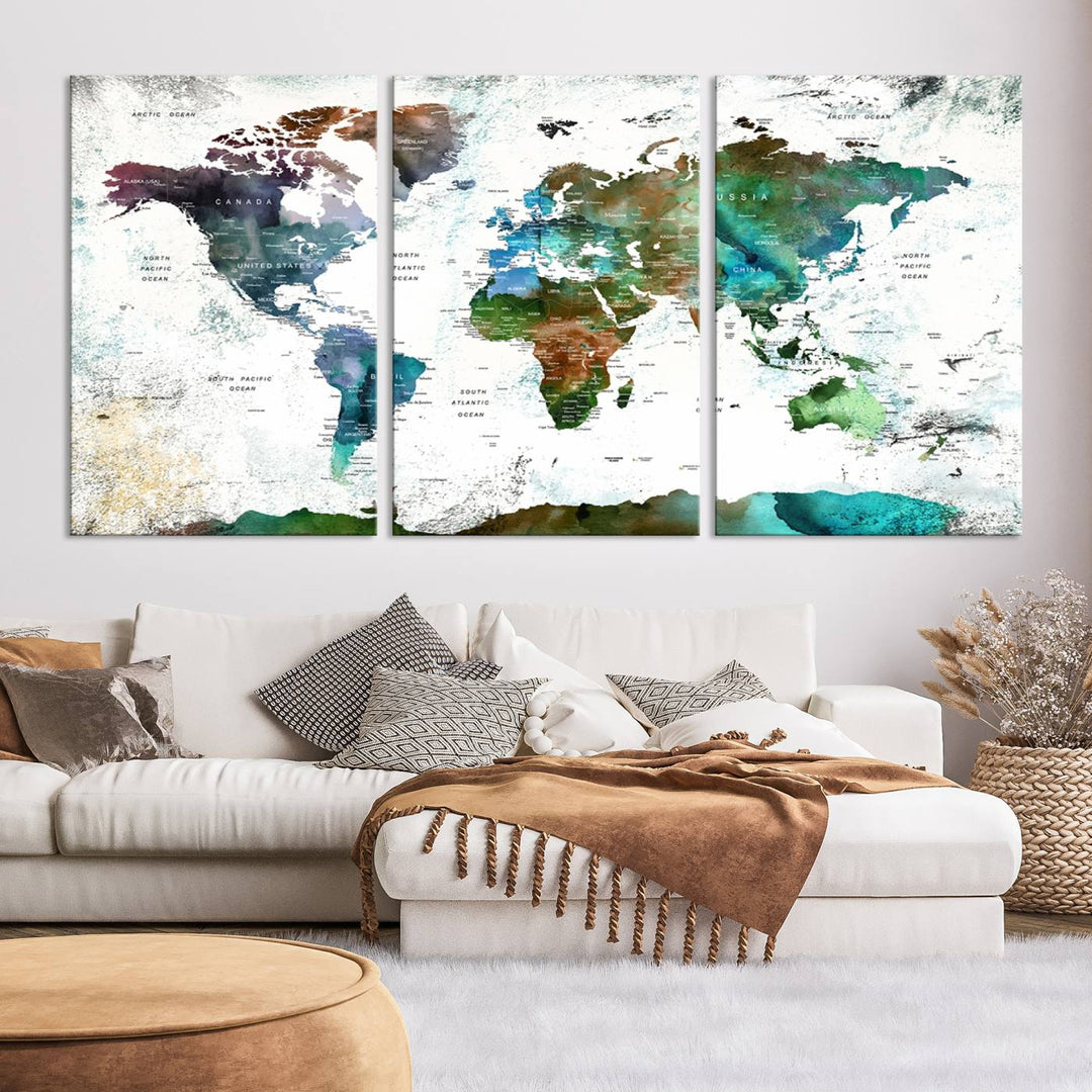 Watercolor World Map Wall Art Canvas Print