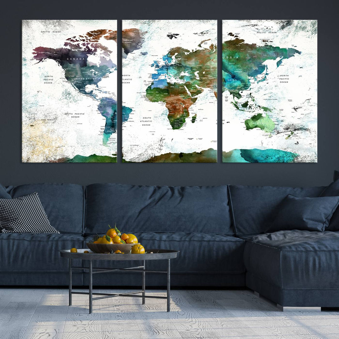 Watercolor World Map Wall Art Canvas Print